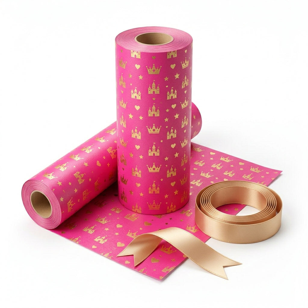 Princess patterned pink and gold wrapping paper illustration
