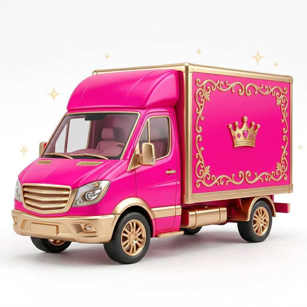 Pink and gold Enchanta delivery truck illustration